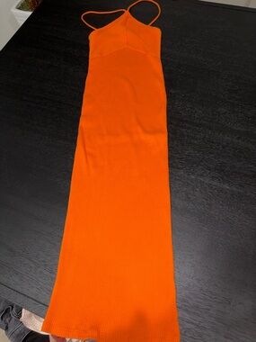 Bright Orange Ribbed Midi Dress